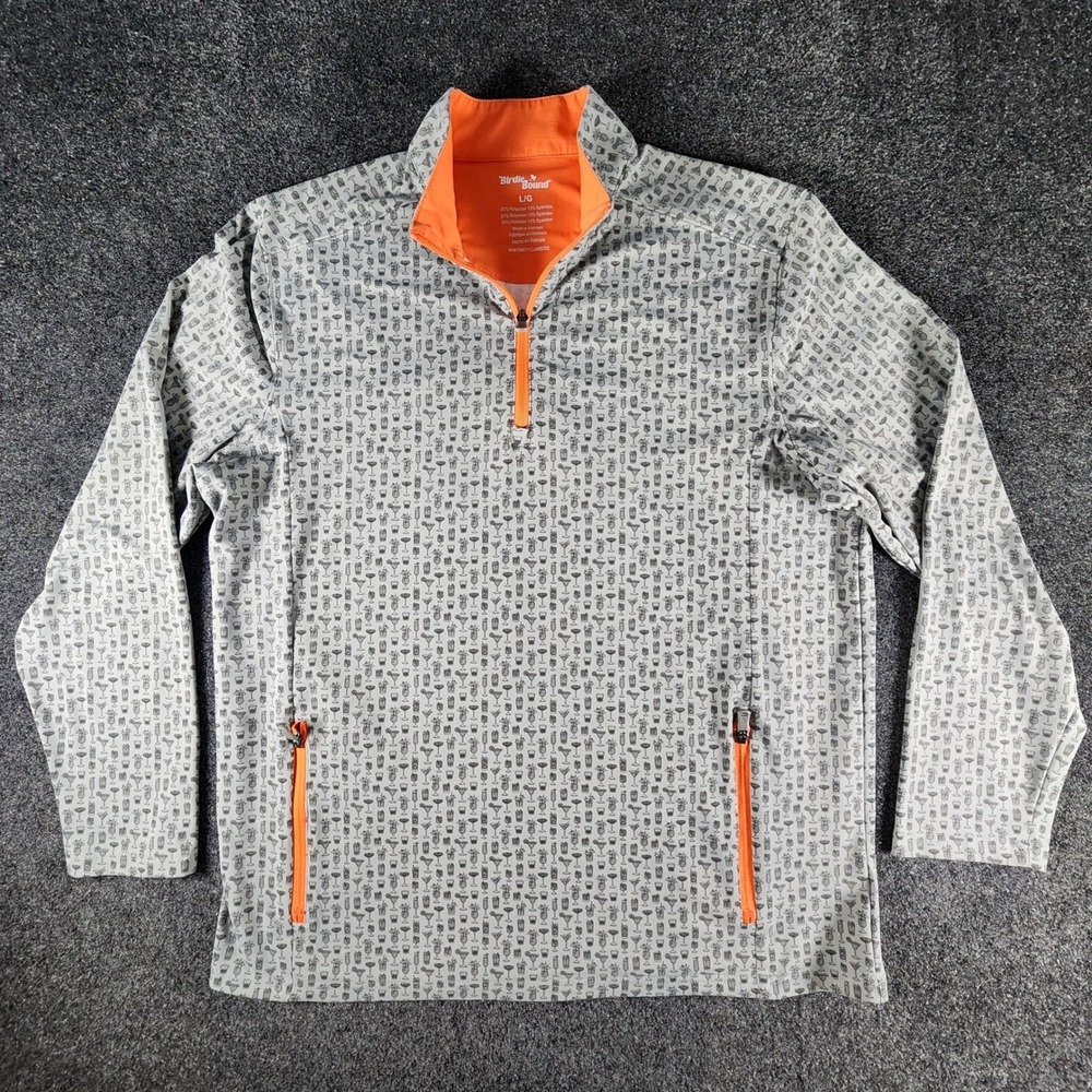 Birdie Bound Mens Large Quarter Zip Pullover Gray Orange Cocktail Print Golf L